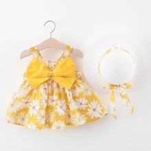 Load image into Gallery viewer, Baby Girl Dress 2020 Summer Bow Print Dress With Hat 2 piece Baby Clothes Suits Bohemia Style Newborn Infant Toddler Dress