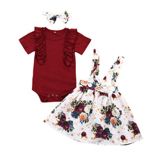 Load image into Gallery viewer, 3Pcs Newborn Baby Girl Clothes Infant Short Sleeve Romper Top+Strap Dress+Headband Toddler Baby clothing Summer Cute Outfits Set
