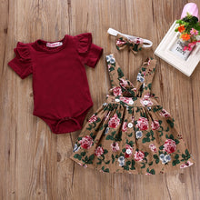 Load image into Gallery viewer, 3Pcs Newborn Baby Girl Clothes Infant Short Sleeve Romper Top+Strap Dress+Headband Toddler Baby clothing Summer Cute Outfits Set