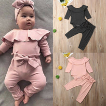 Load image into Gallery viewer, 2Pcs Toddler Kids Baby Girl Ruffle Bodysuit Romper Top Solid Bowknot Pants Trousers Autumn Cotton Long Sleeve Outfit Clothes Set
