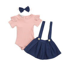 Load image into Gallery viewer, 3Pcs Newborn Baby Girl Clothes Infant Short Sleeve Romper Top+Strap Dress+Headband Toddler Baby clothing Summer Cute Outfits Set
